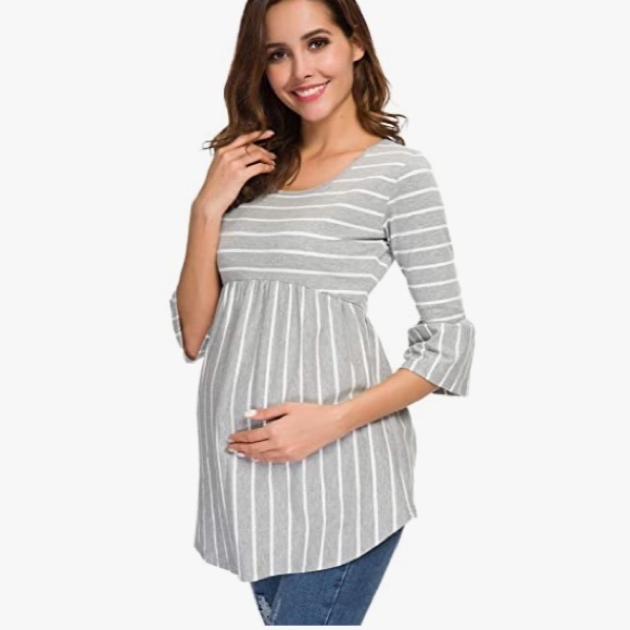 Bell-sleeved Gray Striped Maternity Top Size Small - Picture 4 of 7